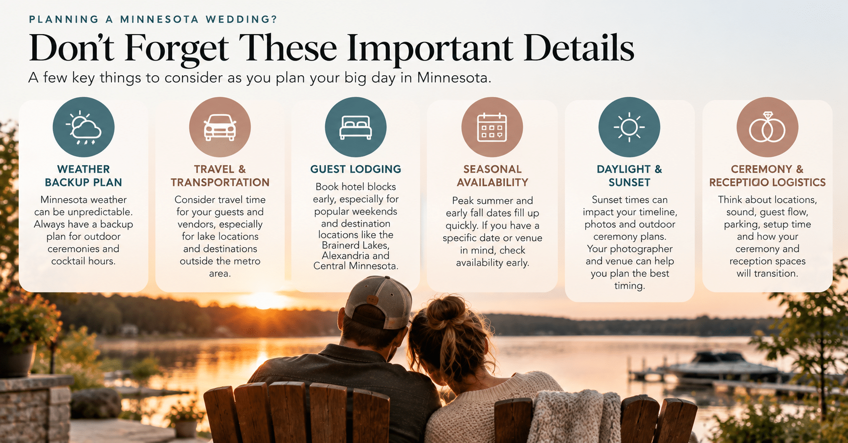 Minnesota wedding planning guide covering weather backup plans, transportation, guest lodging, seasonal availability, daylight timing, and ceremony-to-reception logistics.