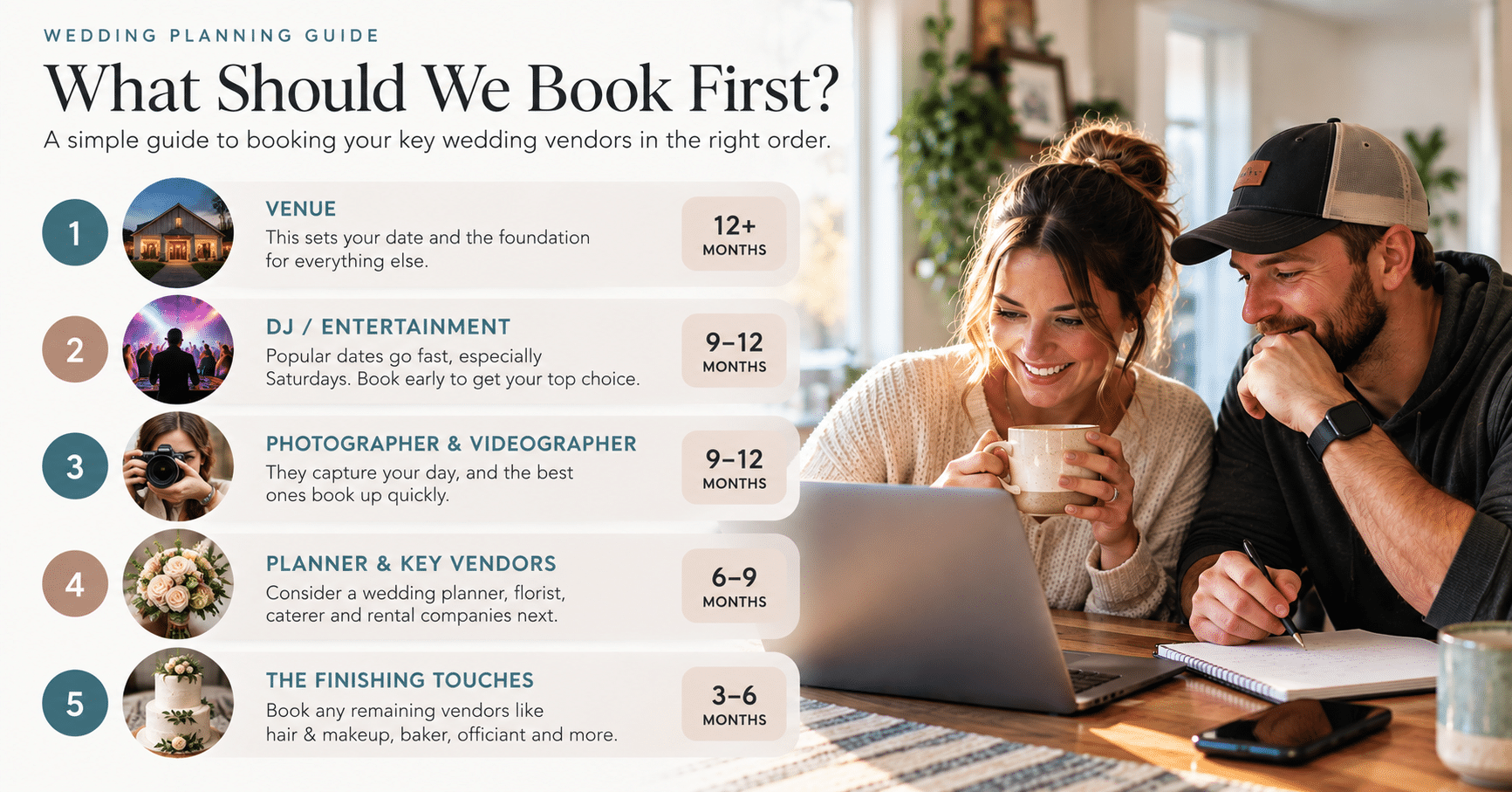 Wedding vendor booking guide showing which key wedding vendors to book first and typical planning timeframes.