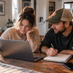 Engaged couple planning their Minnesota wedding together at a kitchen table with a laptop and notebook.