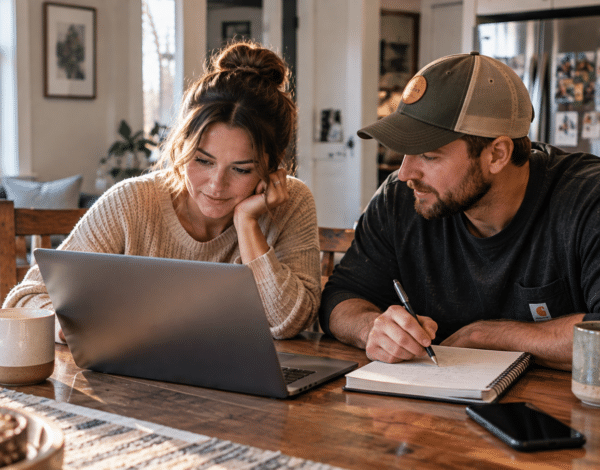 Engaged couple planning their Minnesota wedding together at a kitchen table with a laptop and notebook.