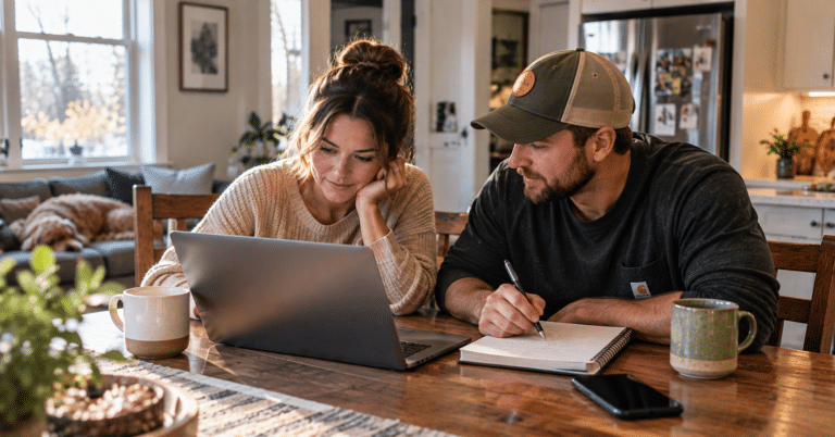 Engaged couple planning their Minnesota wedding together at a kitchen table with a laptop and notebook.