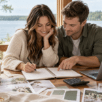 Engaged couple reviewing a wedding budget notebook with a calculator and laptop beside a lake.