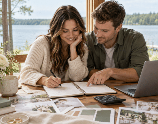 Engaged couple reviewing a wedding budget notebook with a calculator and laptop beside a lake.