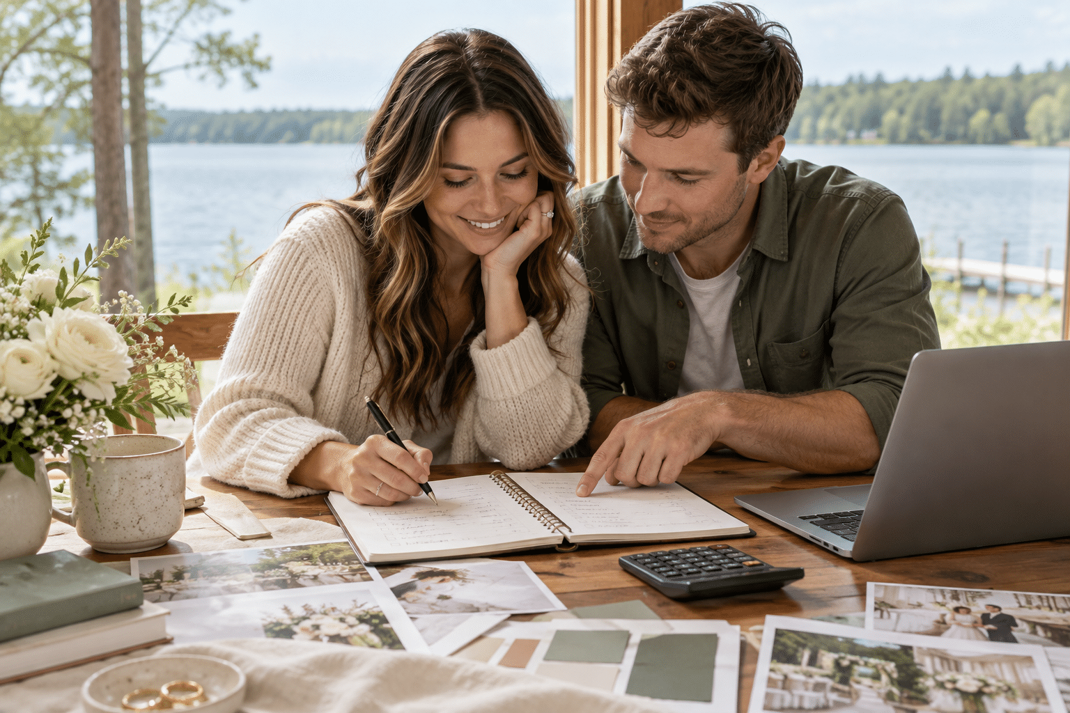 Engaged couple reviewing a wedding budget notebook with a calculator and laptop beside a lake.