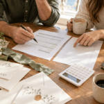 Engaged couple reviewing wedding expenses and vendor quotes with a calculator and wedding stationery.