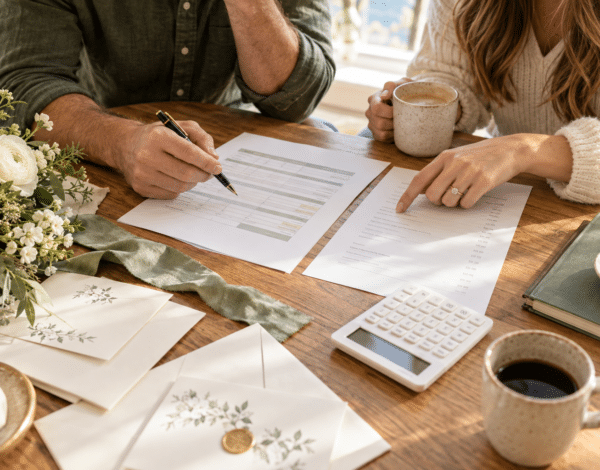 Engaged couple reviewing wedding expenses and vendor quotes with a calculator and wedding stationery.