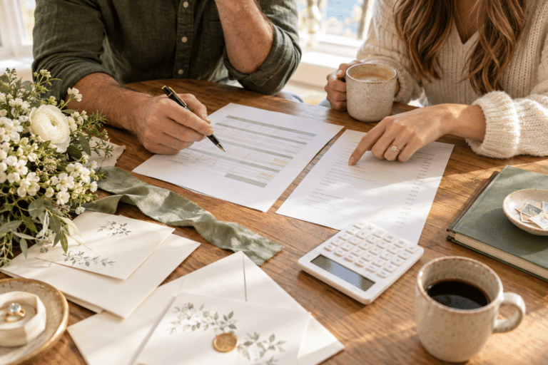 Engaged couple reviewing wedding expenses and vendor quotes with a calculator and wedding stationery.