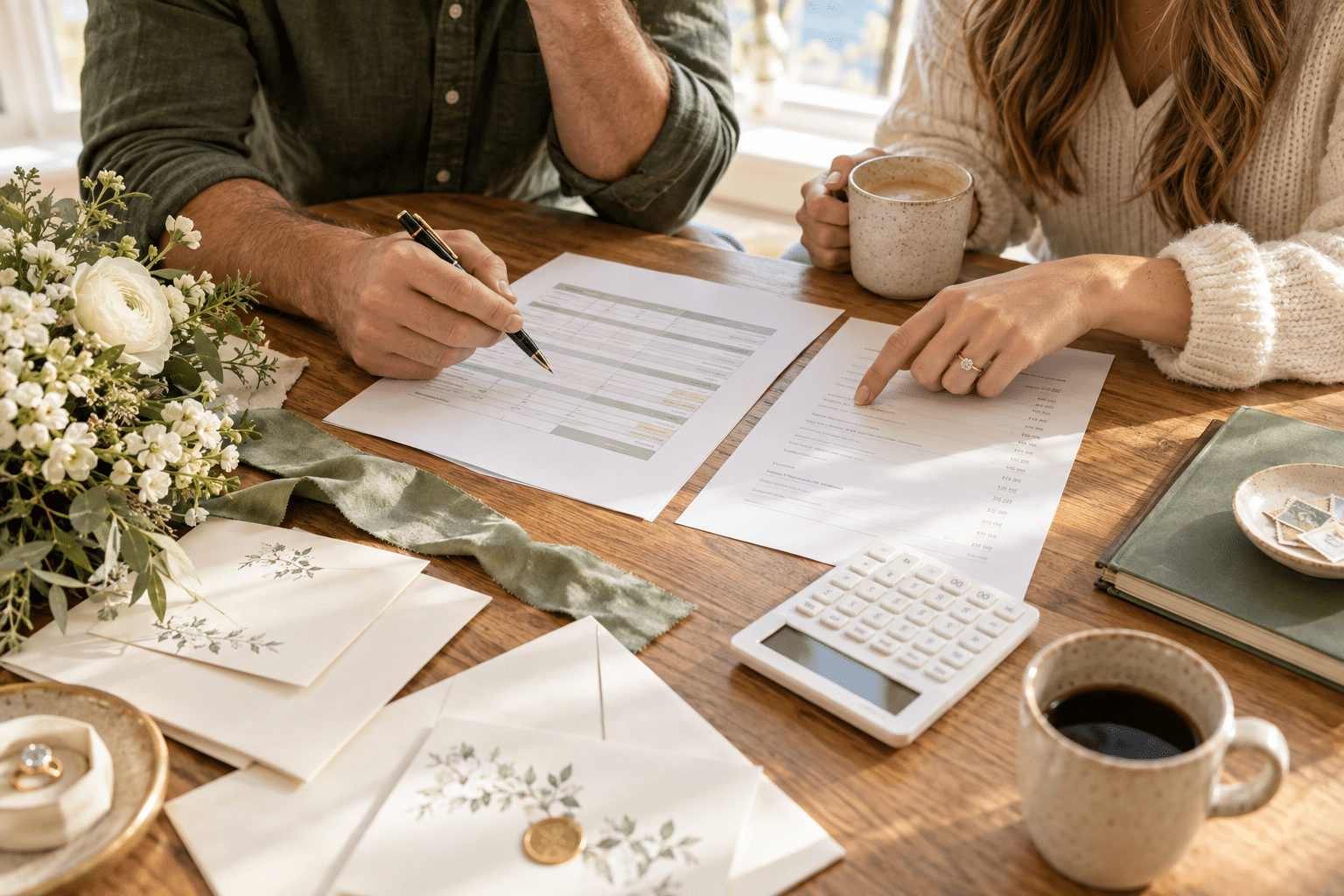 Engaged couple reviewing wedding expenses and vendor quotes with a calculator and wedding stationery.